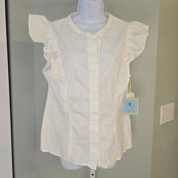 Cece Flutter sleeveless Cotton Poplin Blouse Size Large Office Work Cottagecore - Picture 7 of 11